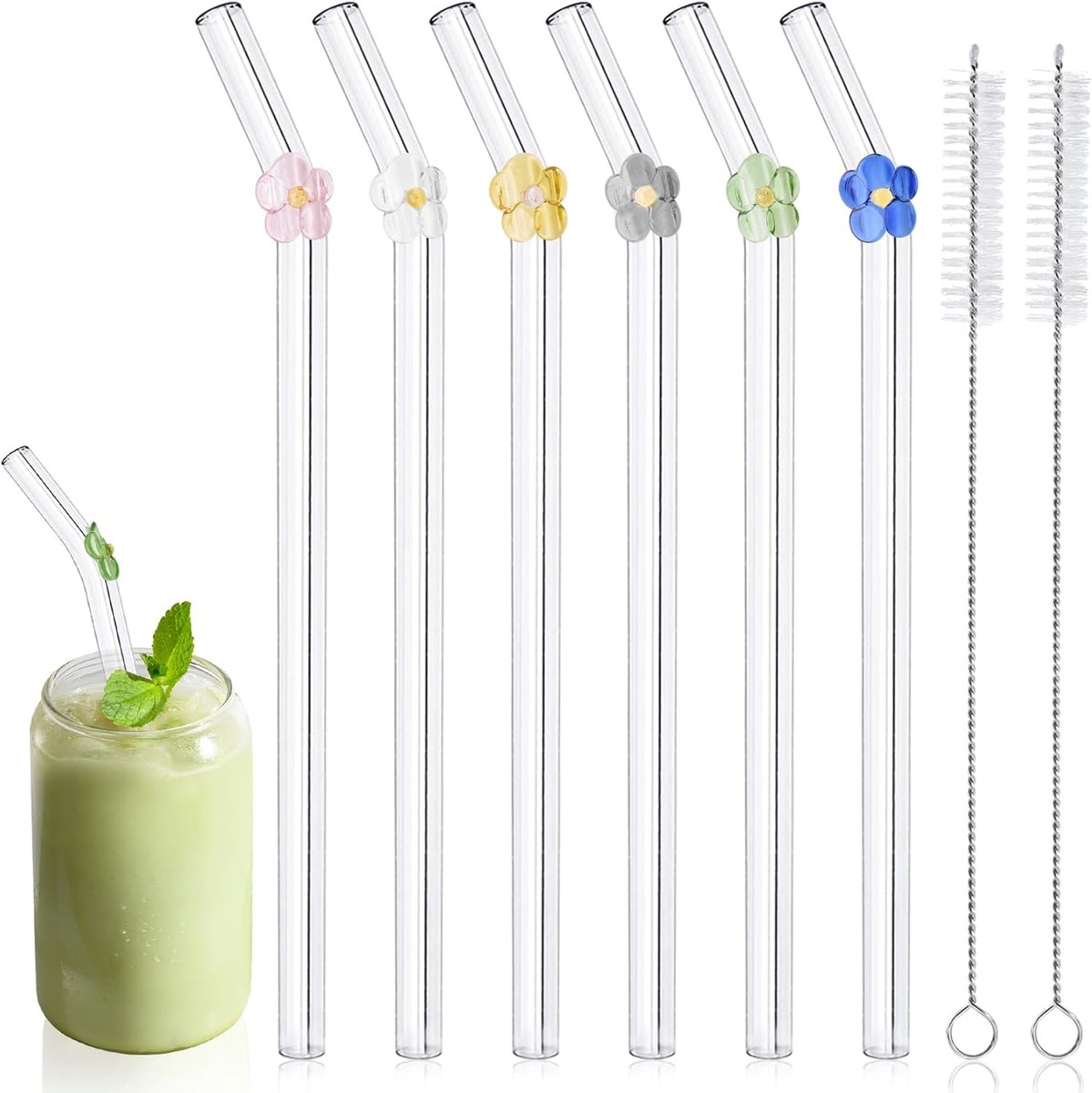 Set van 6 Grote Glazen Rietjes met Bloemdecoratie en Poetsborstels