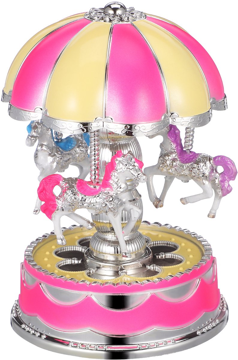Carrousel Muziekdoos met 3 Draaiende Paarden – Roze LED-verlichte Koepel – Romantische Decoratie en Cadeau voor Haar