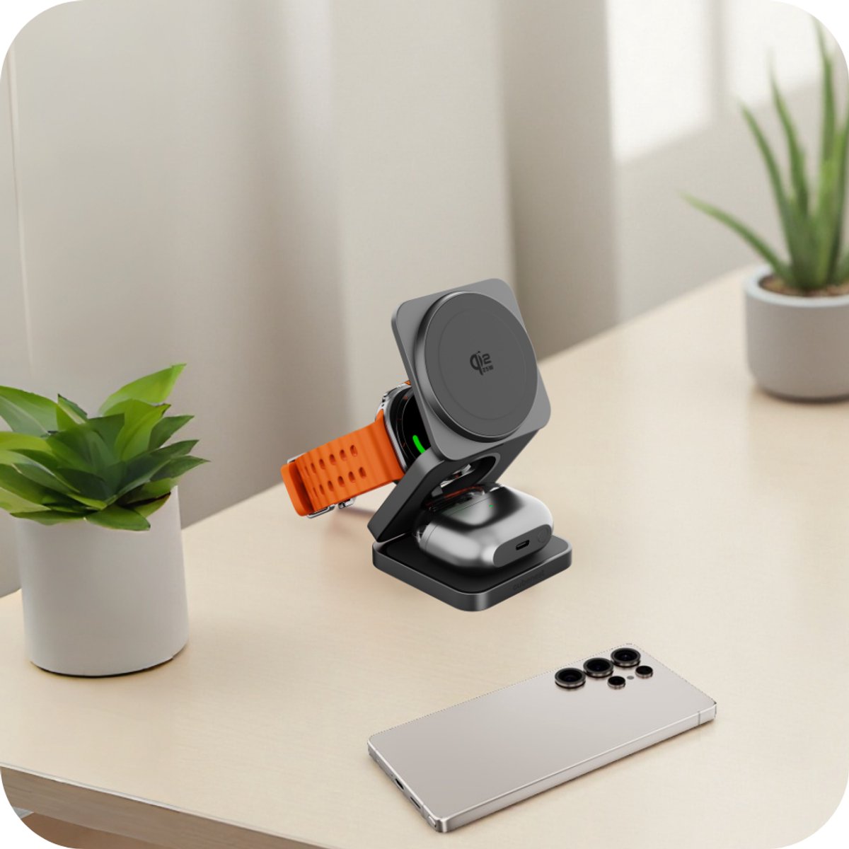 Cubenest SQS312 Pro - 3-in-1 Draadloze Oplader - 35 W Snellader - Qi2.2 Oplaadstation - Opvouwbaar - Geschikt voor Samsung en Apple smartphones - Buds en Airpods - Galaxy Watch - grijs – foto 4