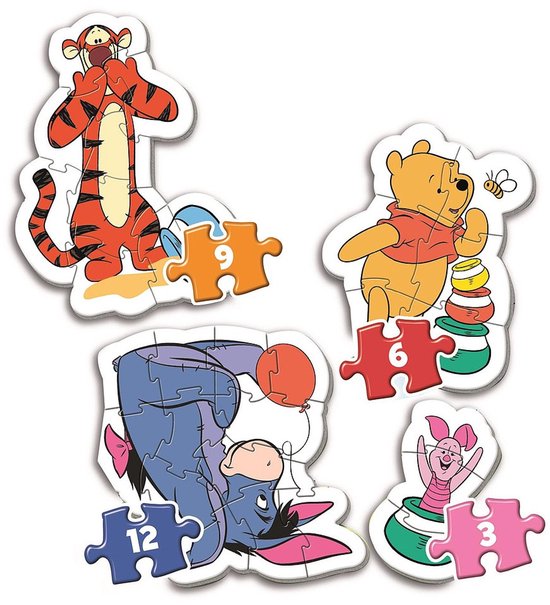 Vier Winnie de Poeh puzzels: Tigger, Poeh met honingpotjes, Eeyore en Knorretje. Elk met een nummer.