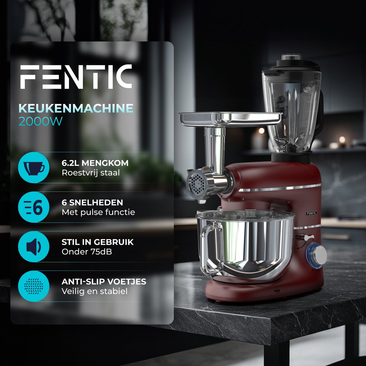 Fentic Keukenmachine – 2000W – Keukenrobot – Foodprocessor - 6,2L Mengkom – Incl. Vleesmolen, Blender en extra Accessoires – Rood – foto 2