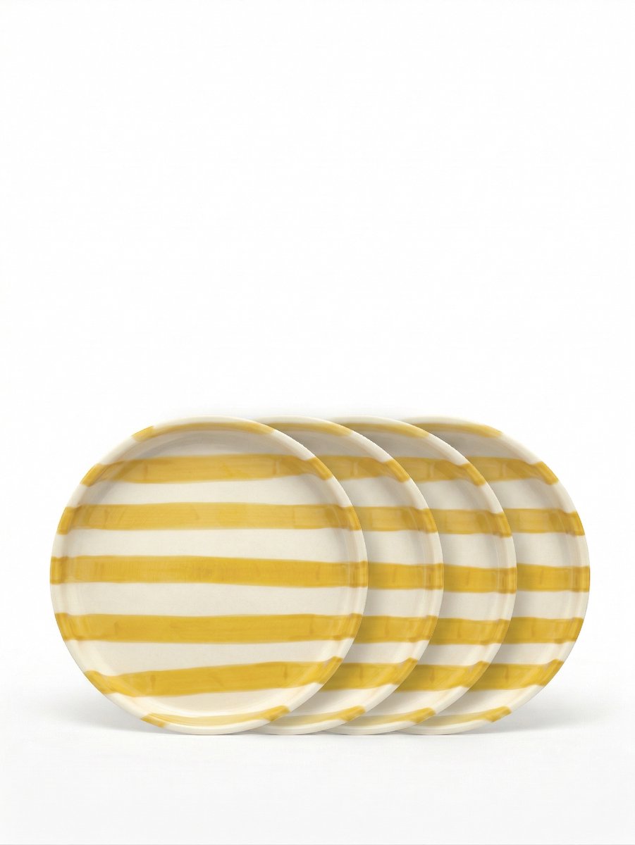 vtwonen - Borden - Gebaksbord - Strepen - Geel - Set van 4 - Keramiek - 13cm