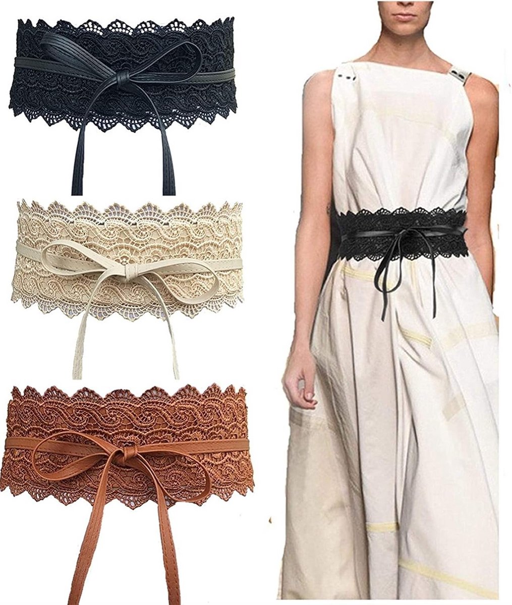 Dames Obi-stijl Heupriem Set van 3 - Brede Kunstleer Corset Riem met Kant Detail