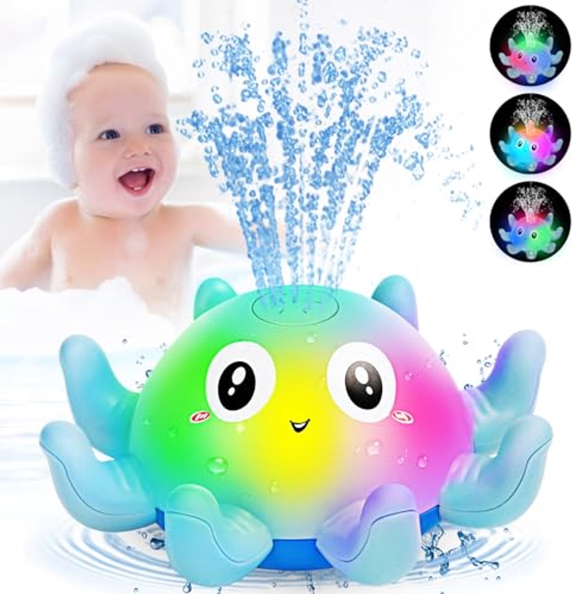 Babybadspeelgoed - Octopus badspeeltje met LED-lampje - Automatisch waterspuitend speelgoed - Badspeelgoed voor peuters - Cadeaus voor jongens en meisjes, blauw