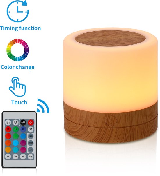 USB Oplaadbare Kinder Nachtlamp - 13 RGB Kleuren - 4 Helderheidsniveaus - Met Afstandsbediening en Touch Bediening - Draadloze Tafellamp voor Slaapkamer Woonkamer - Bruin van Merkloos — afbeelding 5