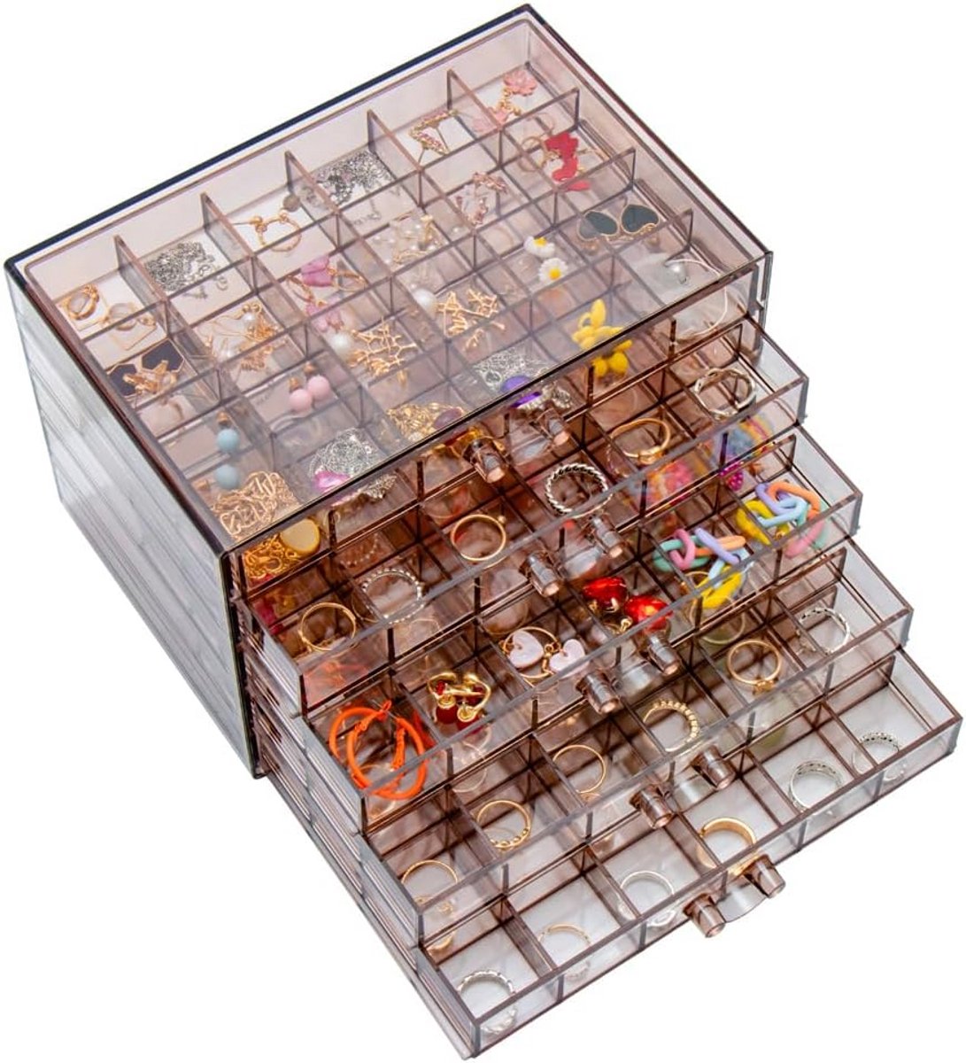 Grote Sieraden Opbergdoos met 5 Laden en 120 Vakken - Transparante Acryl Organizer voor Oorbellen en Ringen