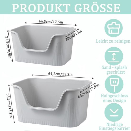 Twee grijze kattenbakken, maten 44,5x38x22,5cm en 64,2x45,3x33,3cm. Makkelijk schoon te maken en spatwaterdicht.