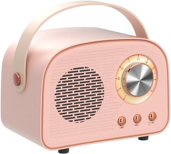 Bluetooth vintage speaker roze draagbaar met Bluetooth 5.0, TWS, TF-kaart, USB, AUX, retro design