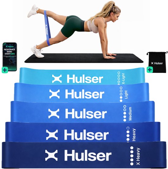 Hulser Mini resistance band set 5-delig - 2 tot 18 kg - 30 cm - Met digitale startgids - Blauw - Weerstandsband - Fitness booty band - Stretch elastiek - Bands - Power band weerstandselastiek