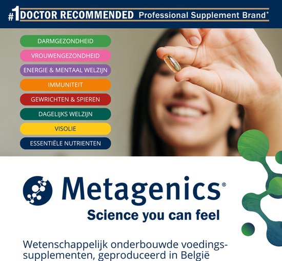 Een vrouw houdt een capsule vast. Rechts ernaast een lijst met gezondheidsvoordelen zoals darmgezondheid, vrouwengezondheid, energie, immuniteit.