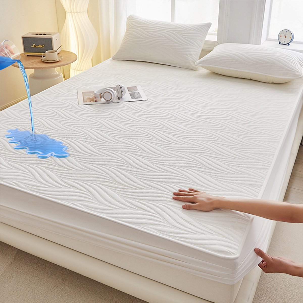 Matrashoes + 2 kussenslopen, TPU-laag voor waterdicht en ademend gebruik, geschikt voor matrassen tot 28 cm dik,Wolken—wit,150*200cm+kussensloop 48*74cm