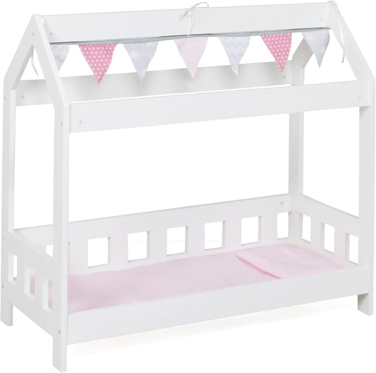 Houten Poppenhuisbed met Dak en Textielset voor Poppen tot 54 cm