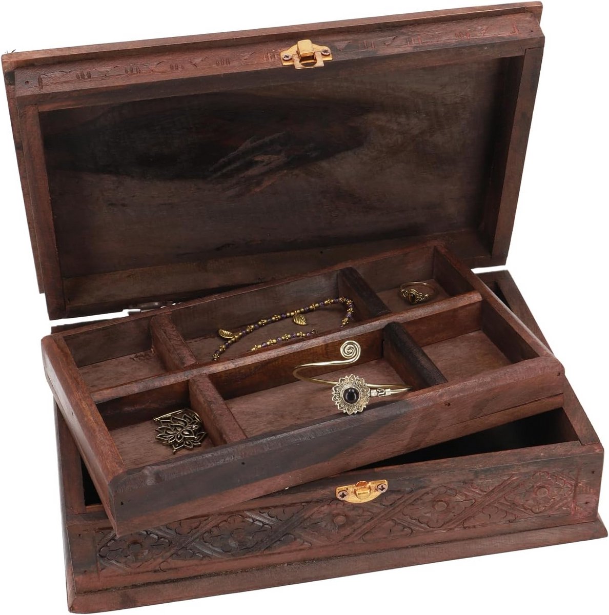 Houten Juwelendoos met Indeling en Deksel - Sieradendoos Schatkist Brown 9x28x18 cm