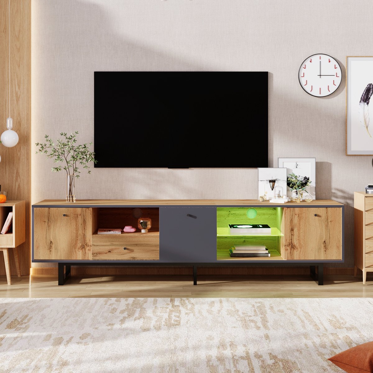 VVBV Laag tv-meubel voor de woonkamer met led-verlichting, glazen scheidingswand, soepele scharnieren en een op elkaar afgestemd design. Natuurlijk
