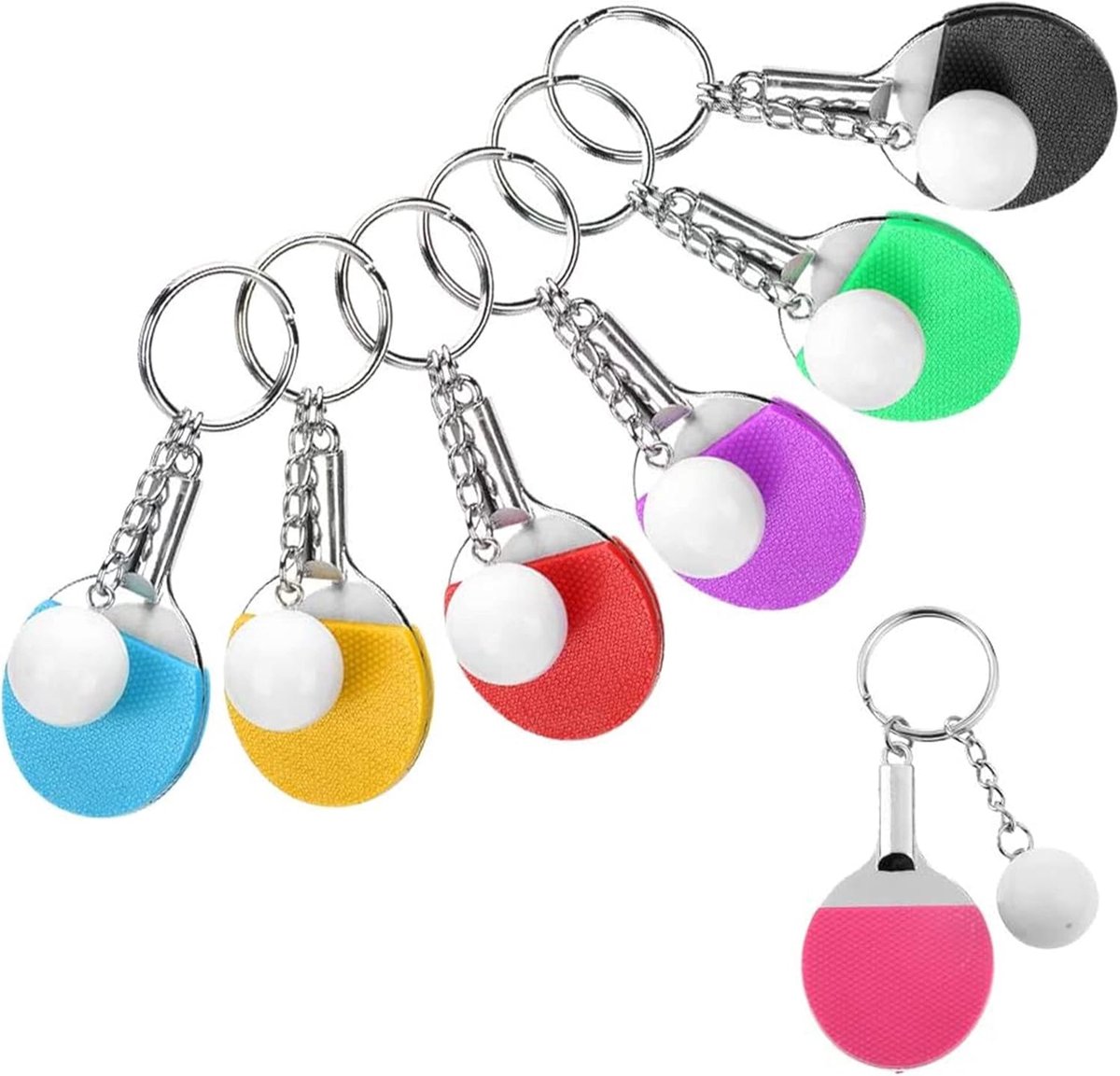7x Mini Tafeltennis Sleutelhanger Set - Metalen Ping Pong Racket Hanger voor Rugzak en Sleutels