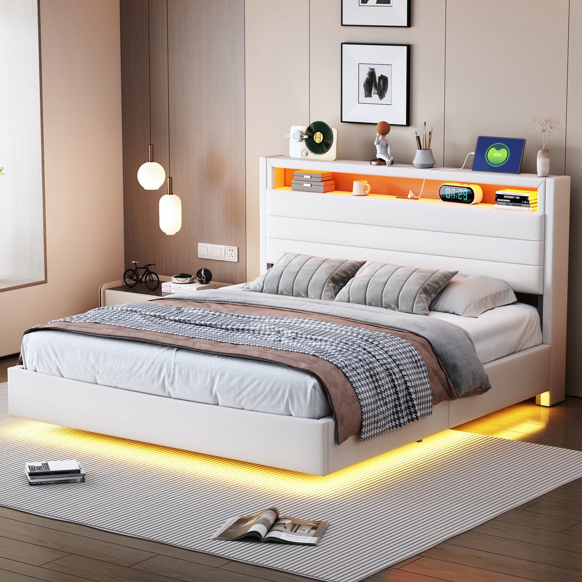 MODFU Bedframe 140x200 cm, gestoffeerd met hydraulische opbergruimte, USB en LED, beige