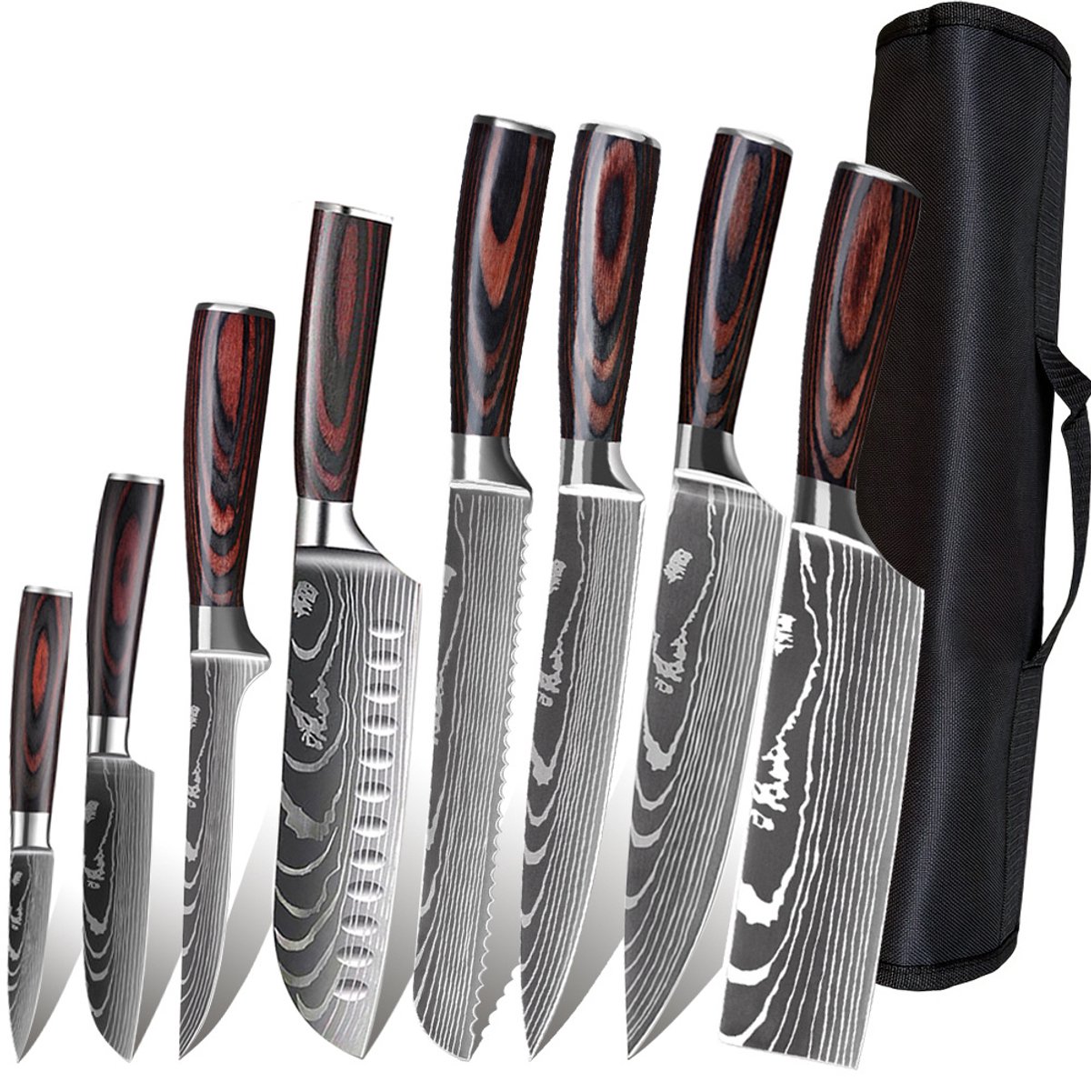 Set van 8 Keukenmessen, inclusief scherpe roestvrijstalen messen voor snijden, een chef's mes, een Santoku mes, en een Utility mes, compleet met een meshoes