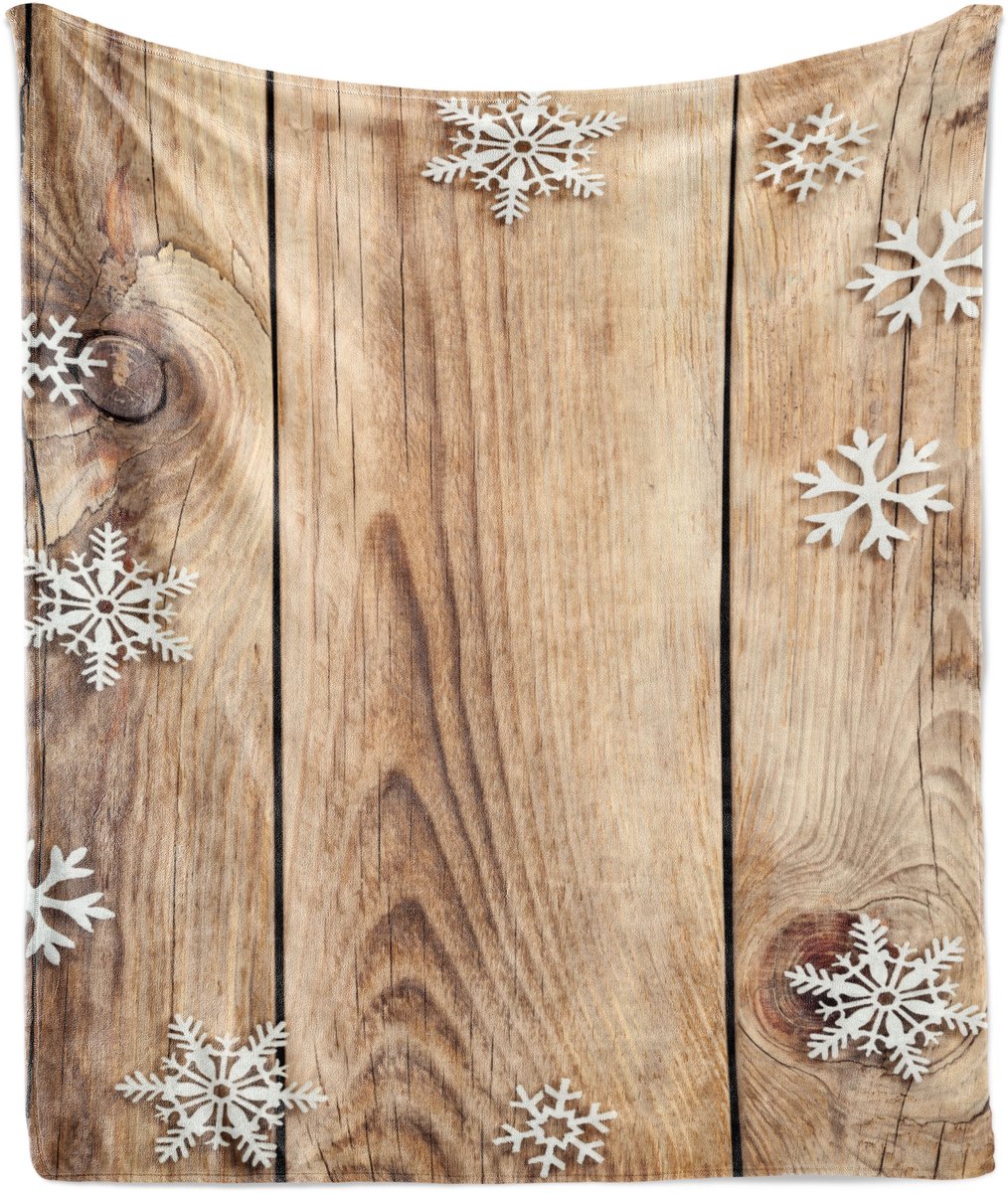 ABAKUHAUS Kerstdeken van zacht flanellen fleece, met houten plankjes en sneeuwvlokken, knusse pluche plaid, 125 x 175 cm, lichtbruin wit