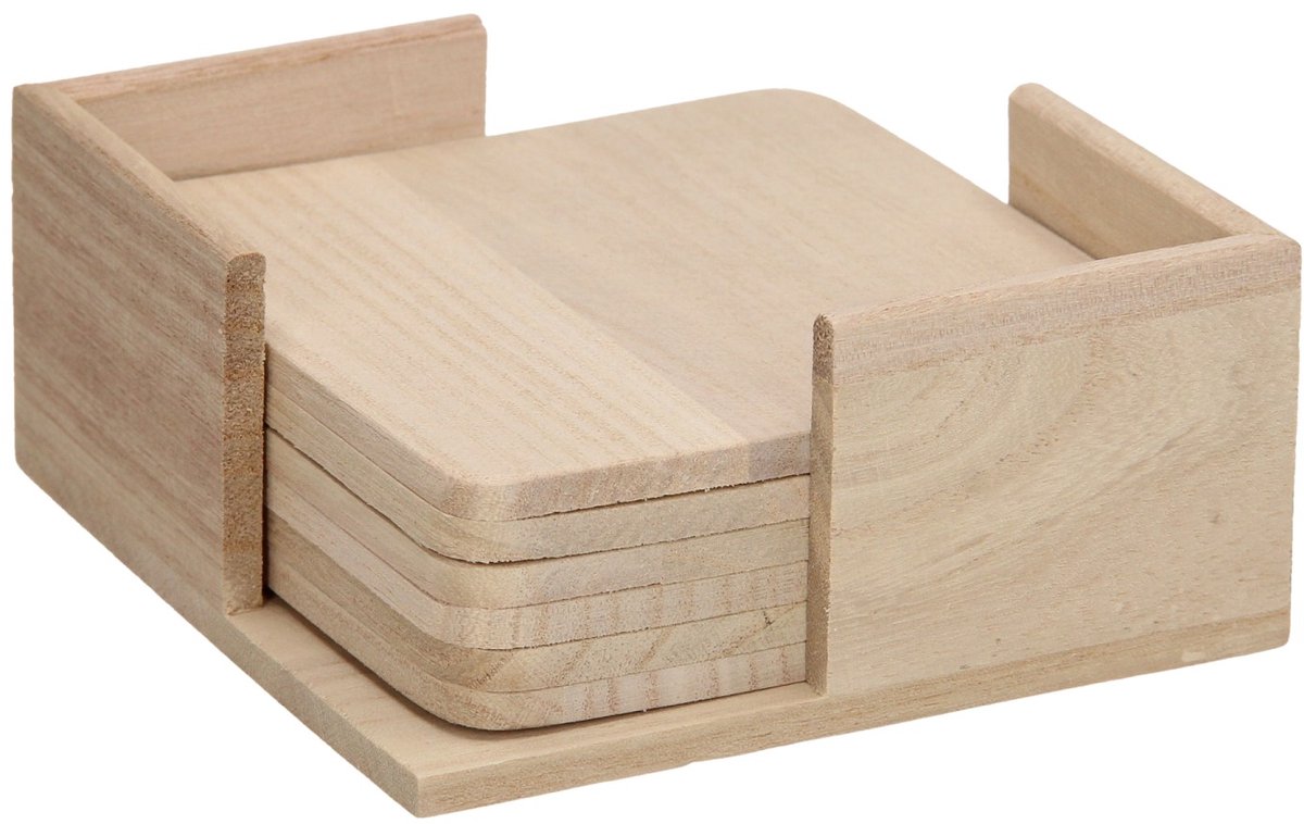 Houten Onderzetters Vierkant Paulownia In Houder 11,6 x 11,6 cm 6 stuks