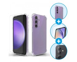 Schokbestendig Doorzichtig Hoesje Geschikt voor Samsung Galaxy S23 FE + 9H Tempered Glass Screen Protector + Camera Protector Transparant | 360° Beschermset