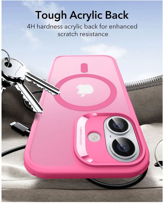 Roze hoesje met magnetische ring en doorzichtige achterkant, met sleutels en oplader.