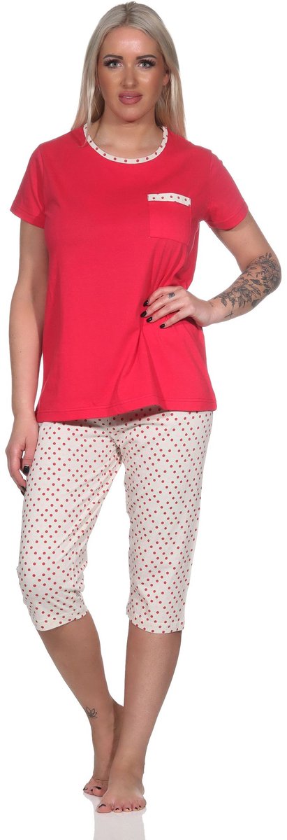 Normann damespyjama met korte mouwen en capri pyjamabroek in stippenlook roze