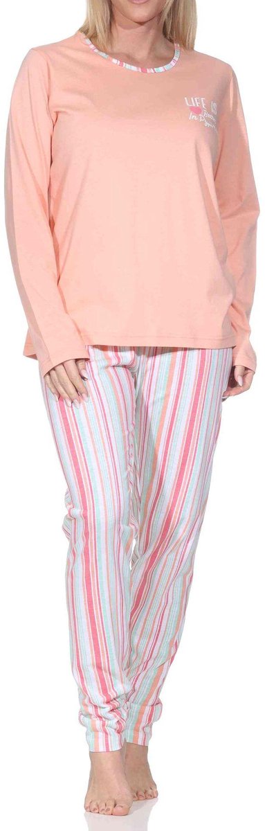 Normann dames lange pyjama in elegante strepenlook apricot