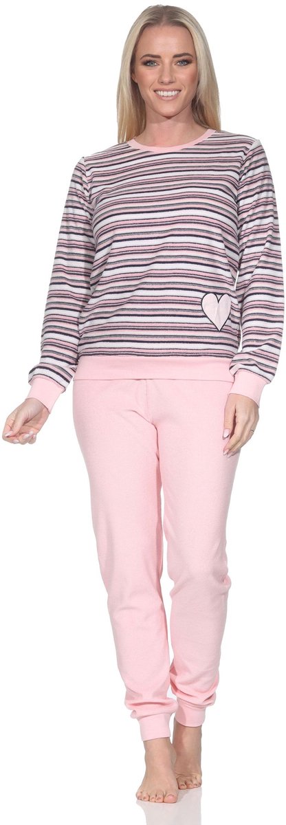 Normann dames badstof pyjama met manchetten, pyjama met hartmotief – ook in grote maten rosa1