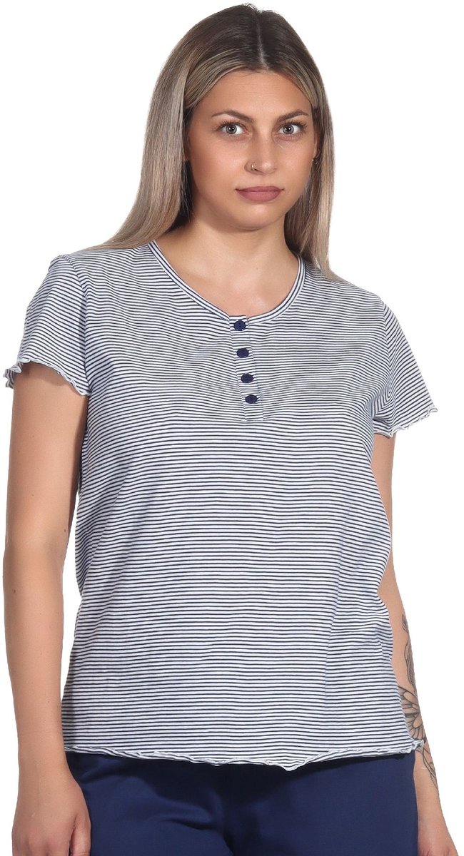 Normann Damespyjamashirt met korte mouwen mix & match in Stripe Optiek marine