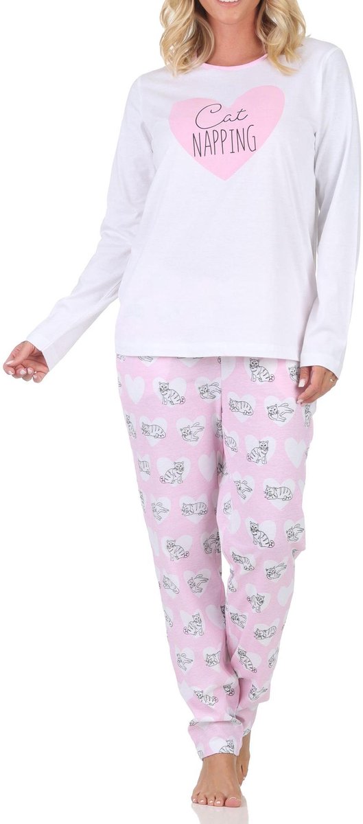 Normann dames pyjama met lange mouwen en hart- en kattenmotief rosa