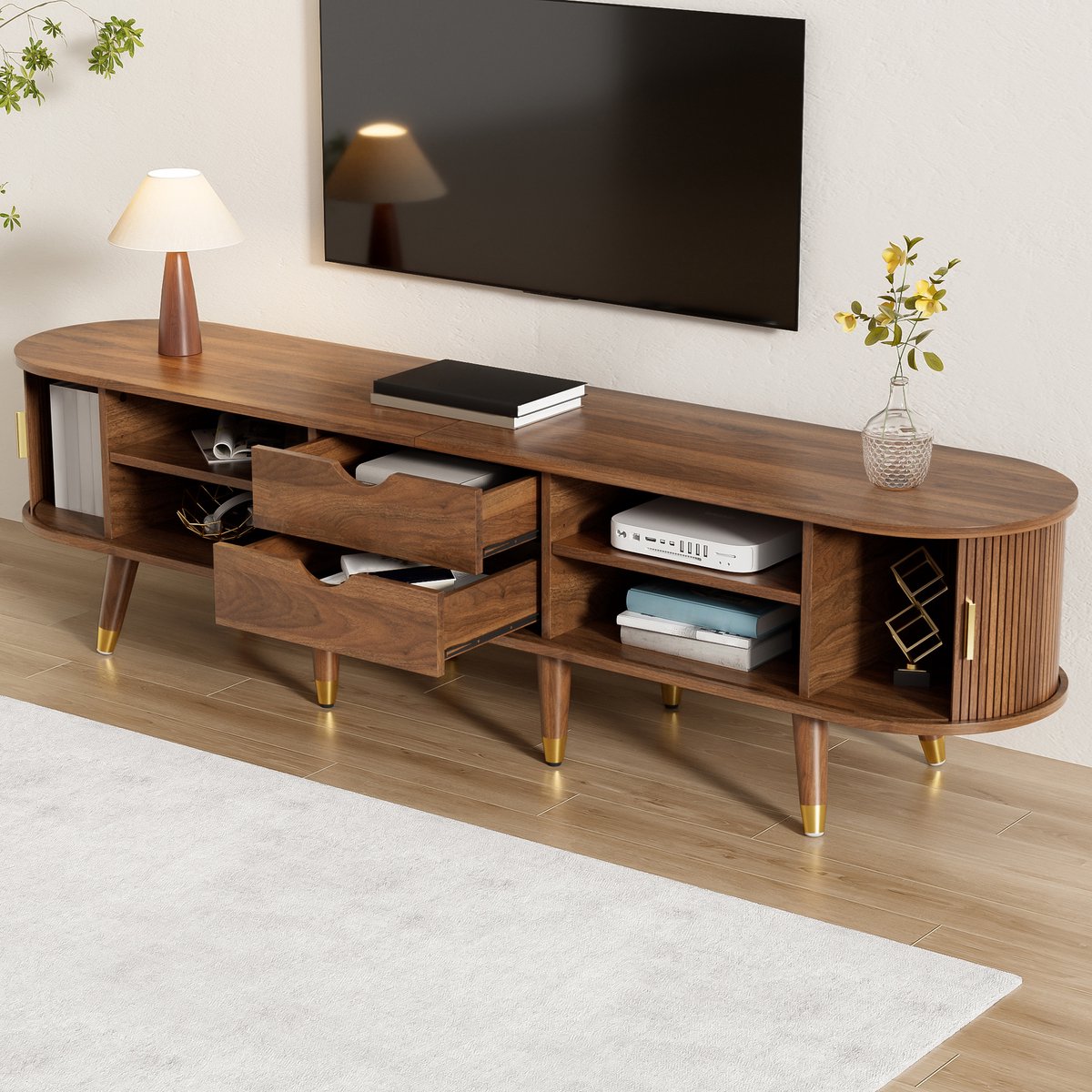 Merax Tv-kast met schuifdeuren - tv-meubel 175x38x45cm - tv-standaard - lage tv-kast - tv-beugel - walnotekleur