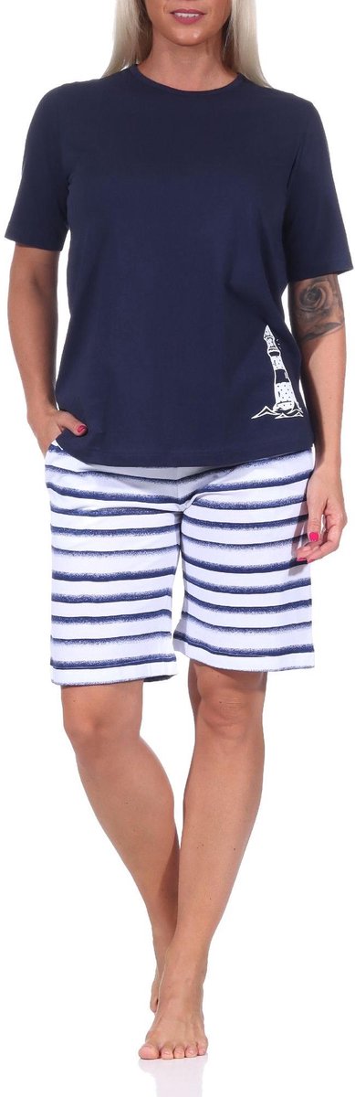 Normann Maritieme dames shorty pyjama met korte mouven, top met vuurtorenmotief, ook in overmaat marine