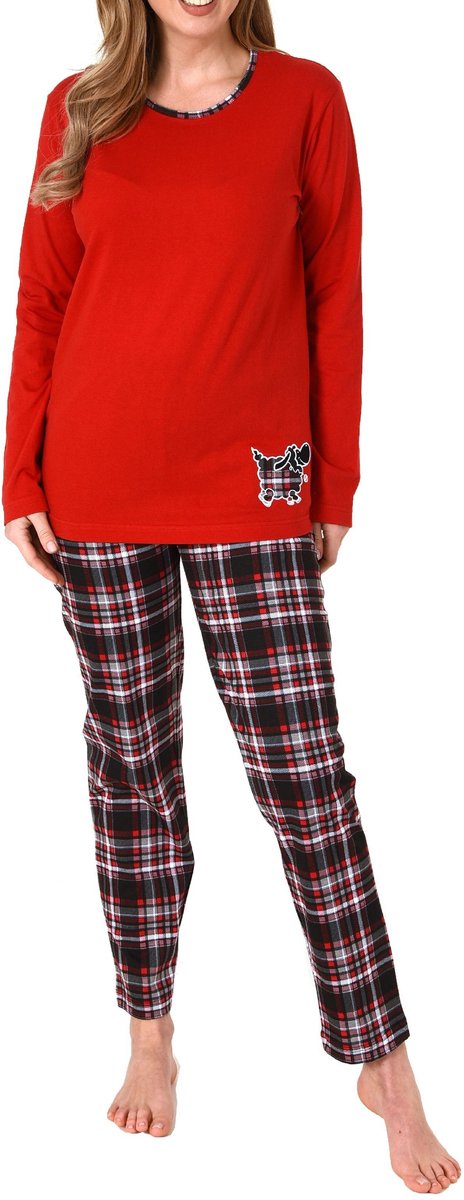 Normann Damespyjama lang met geruite broek en leuk dierenmotief - ook in overmaten - 212 201 820 rot