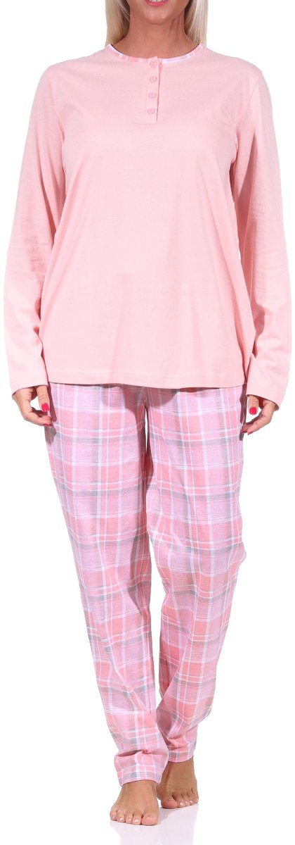 Normann Damespyjama met lange mouwen, geruite broek en knoopsluiting aan de hals - 212 201 90 445 rosa