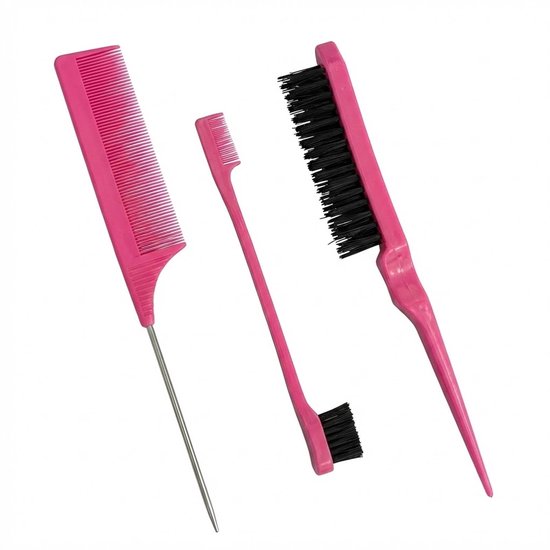 Drie roze haarstyling tools: een kam met puntstaart, een dubbelzijdige borstel en een puntkam.