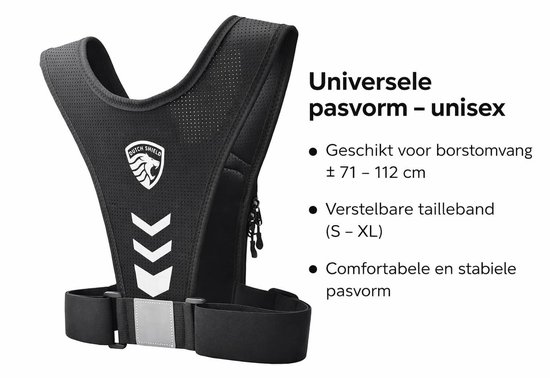 Unisex hardloopvest, zwart, met "DUTCH SHIELD" logo, reflecterende pijlen en verstelbare banden.