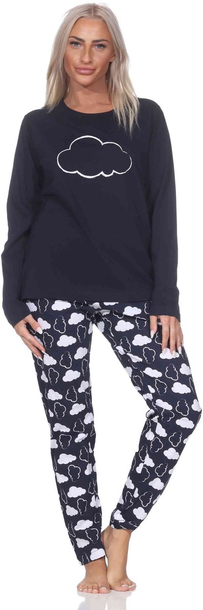 Normann dames pyjama lange mouwen pyjama in een relaxte look met wolkenmotief navy