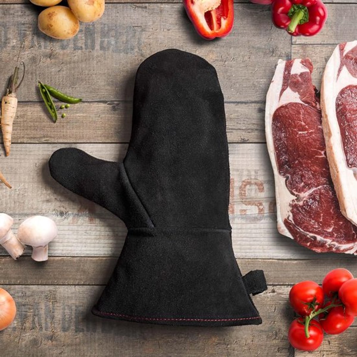 Candala schoorsteenhandschoen, ovenhandschoen, vuurvast van leer met thermische isolatie, zwart