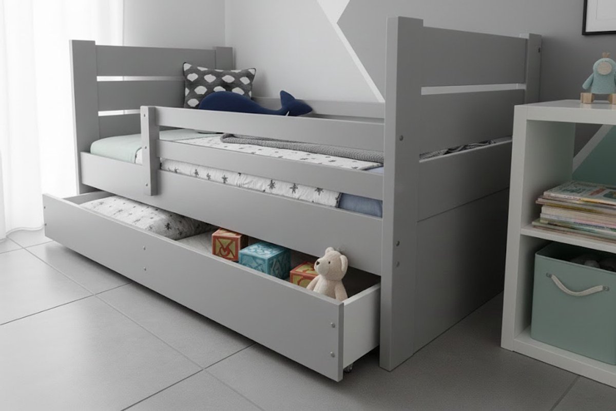 Rockwood® Peuterbed Milly en Mo Grey met lattenbodem en matras PolycleanIk wil een gratis peuterkussen en hoeslaken wit Grijs