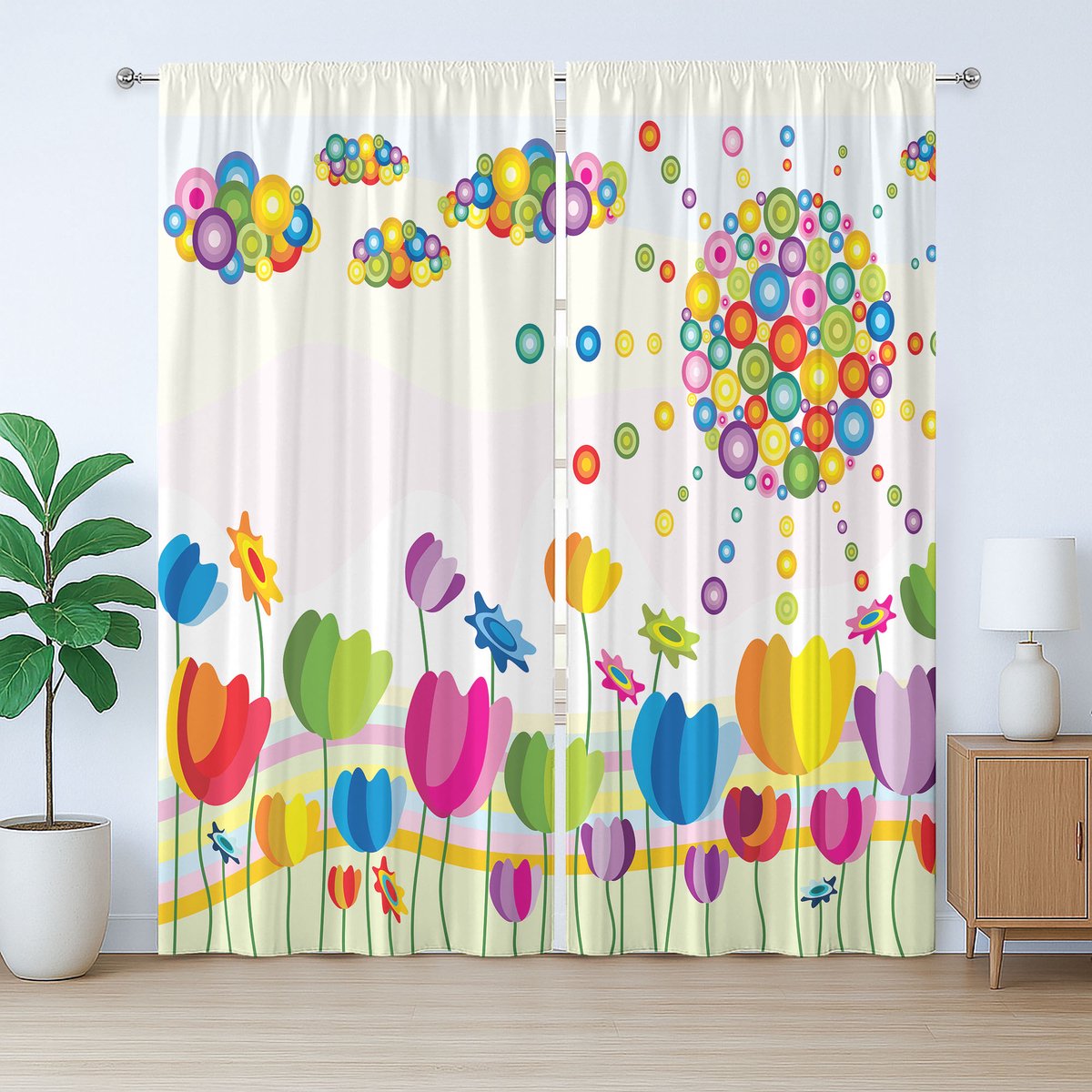 ABAKUHAUS Kleurrijk rustiek gordijn, abstract bloemenpatroon zomer, met lussen en haken voor de woonkamer, 280 x 245 cm, groen geel violet