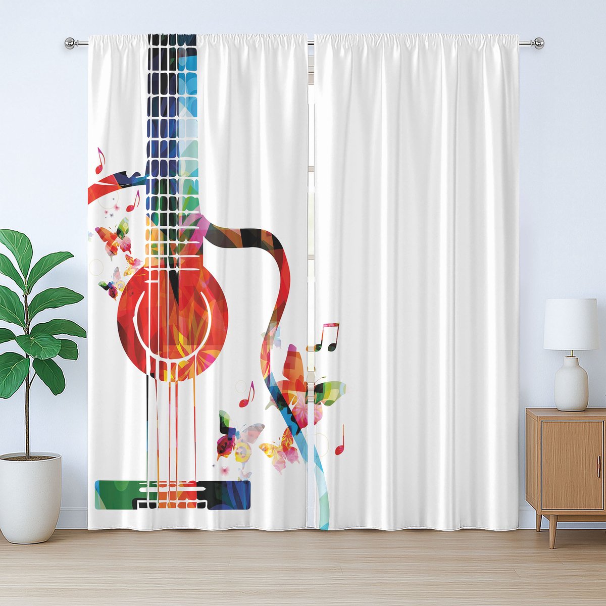 ABAKUHAUS Rustiek Gitaargordijn, Veelhoekig Muziekdesign, met Bandjes en Haken voor de Woonkamer, 280 x 175 cm, Multicolor