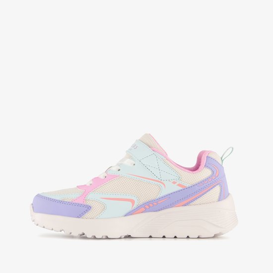 Meisjessneaker met klittenbandsluiting in pastelkleuren: paars, roze en mintgroen. Mesh en synthetisch materiaal. Met Skechers logo.