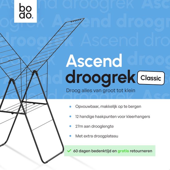 Zwart Ascend droogrek Classic met tekst: 'Droog alles van groot tot klein', 'Opvouwbaar, makkelijk op te bergen', '12 handige haakpunten' en '27m aan drooglengte'.