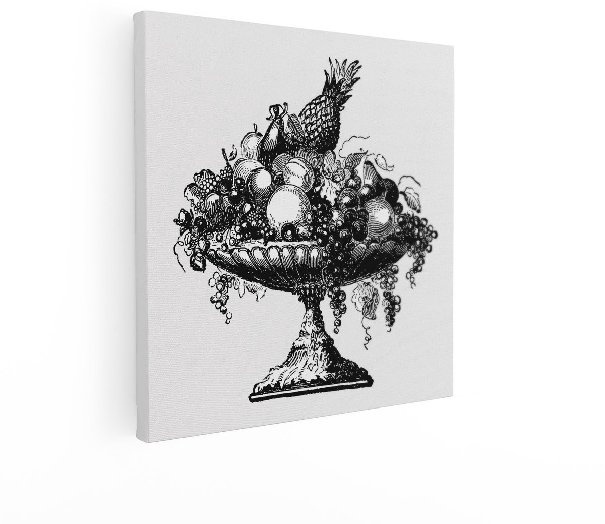 Artaza Canvas Schilderij Stilleven Fruitschaal - 50x50 cm - Wanddecoratie Vintage - Muurdecoratie Ananas - Schilderij Zwart Wit Brocante