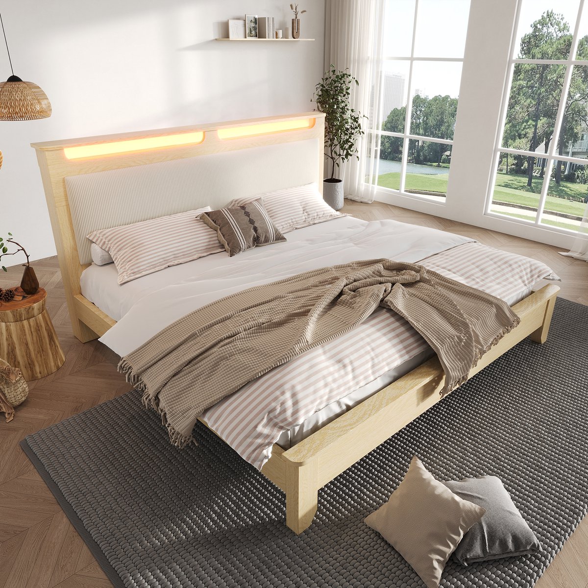 REDOM Bedframe – 140x200 cm – Met LED-verlichting, corduroy rugkussen & matras – Hout & corduroy – Beige & Eiken – Inclusief matras