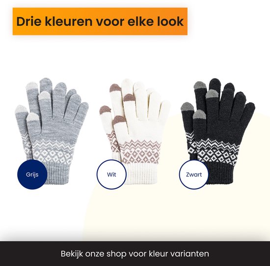 Drie kleuren handschoenen: grijs, wit en zwart, alle met Noors patroon.