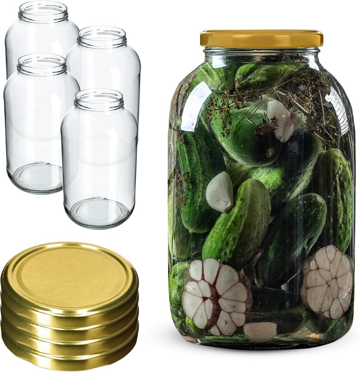 Set van 4 Grote Voorraadpotten 4 Liter met Schroefdeksel voor Fermenteren en Bewaren