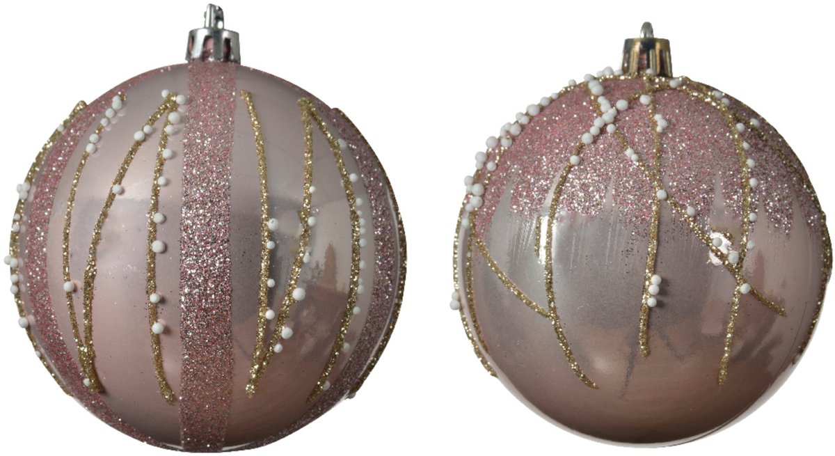 KAEMING B.V. - 4 Kerstballen Glitters Roségoud 8 cm met Parels