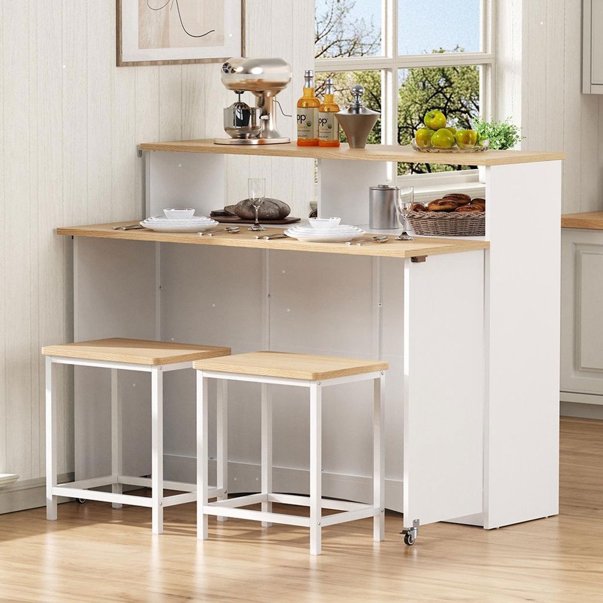 BLACKCOLORS Keukeneiland op wieltjes, keukeneiland met uitschuifbare tafel en stoelen, buffetkast met veel opbergruimte, ideaal voor de keuken en eetkamer als buffet (wit)