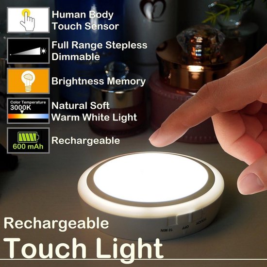 Nachtlampje - Touch Lamp Oplaadbaar - Dimbaar Nachtlampje - Met Timer 10 Min - LED Warm Wit 3000K - Draadloos Stick On Lamp - Kastverlichting - Baby en Kinderkamer - Geheugenfunctie van Merkloos — afbeelding 2